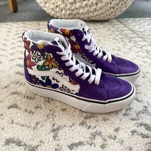 Vans Sk8-Hi Platform 2 Glitter Daisies Purple White Skate Shoes Women's Size 5